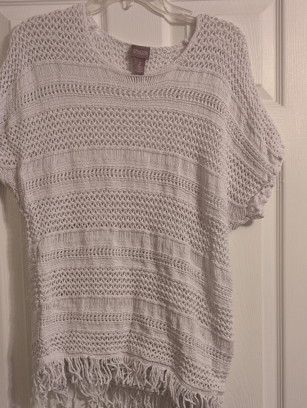 Chico's White Open Knit Fringe Sleeve Top